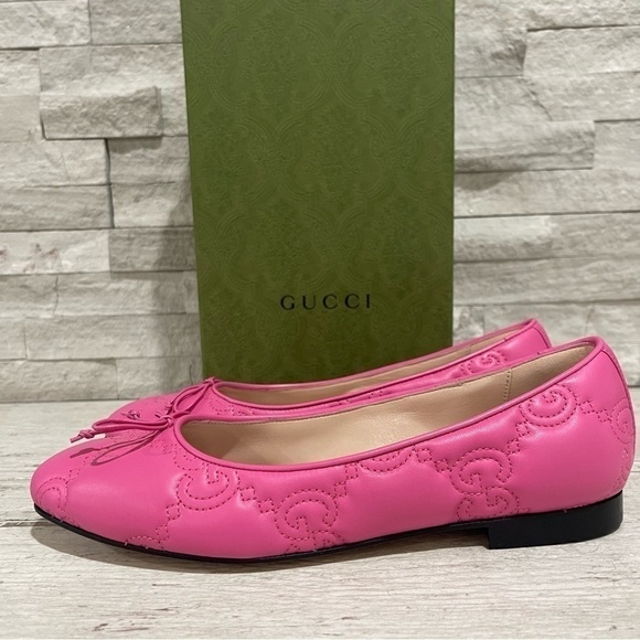 GUCCI Monogram Pink Quilted Matelasse Leather GG Bow Ballet Flats SZ 37.5 $920 - Picture 5 of 16